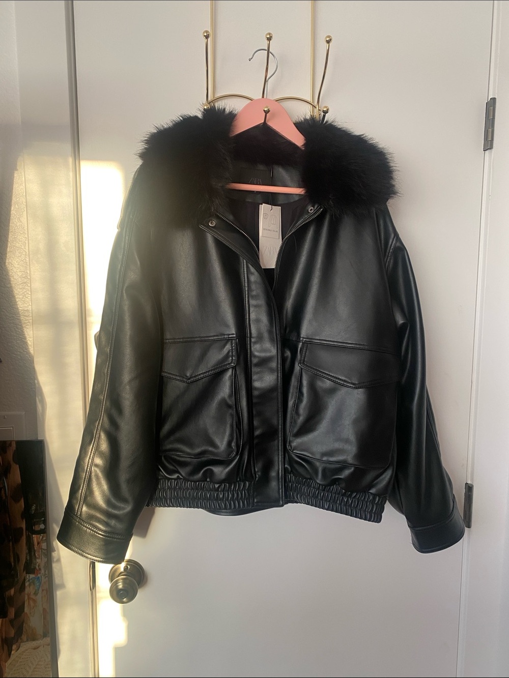 ZARA Black Faux Leather Bomber Jacket with Fur Collar NWT! 🖤